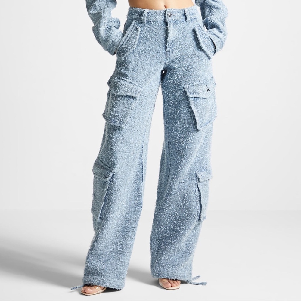Maniere De Voir High Waisted Boucle Denim Cargo Pants